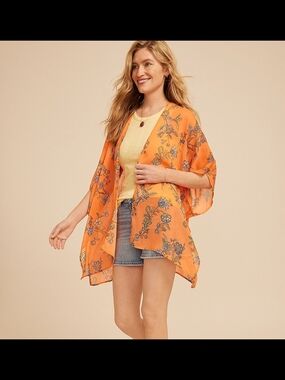Maurices Orange Floral Sheer Kimono Cardigan